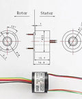 7mm Slip Ring Through Hole With 6 Channel 2A Rating, 50 RPM, 220 VAC DC diagram with gold contacts and colored wires, side view