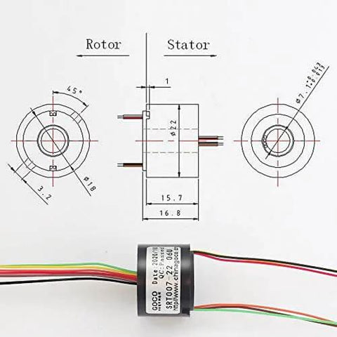 7mm Slip Ring Through Hole With 6 Channel 2A Rating, 50 RPM, 220 VAC DC diagram with gold contacts and colored wires, side view