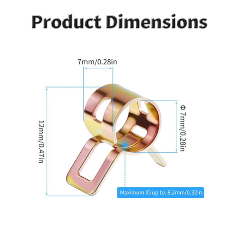 Diagram of spring band type hose clamp with 7mm ID, 12mm width, showing maximum ID up to 8.2mm, galvanized manganese steel.