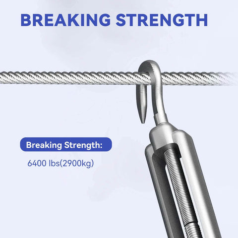 Close-up of 1/4" Stainless Steel Cable,7x19 Strand Aircraft Wire Rope, showing breaking strength 6400 lbs, hook detail