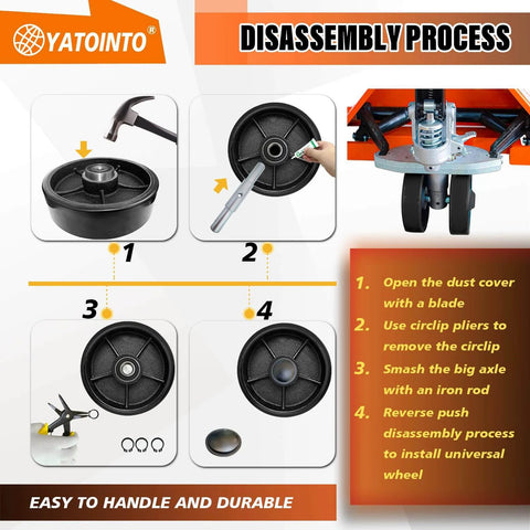 Disassembly process of 2 pcs pallet jack steer wheel set 7 x 2 inch with axle, tools visible for replacing wheels on pallet trucks