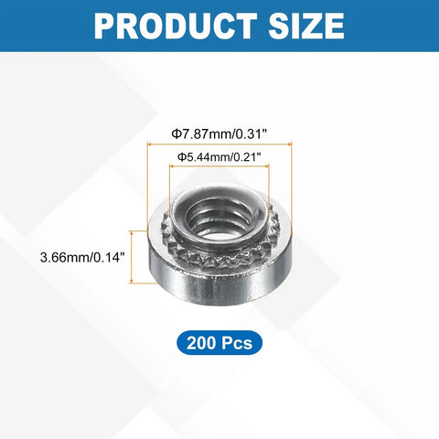 Self Clinching Nuts Set 200 Pcs Size 8 32 Stainless Steel 304 Rivet Nut Fasteners with dimensions displayed