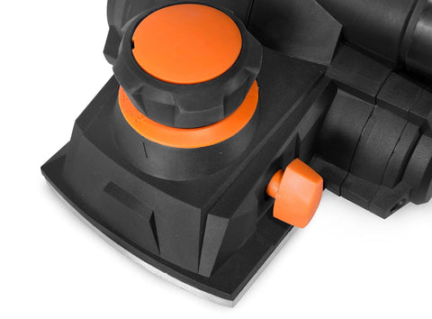 Close-up of a powerful 8-Amp hand planer delivers smooth, precise cuts with 4-3/8 inch cutterhead, features dual dust ports