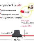 Heavy Duty Waterproof Inline Fuse Holder 8 AWG 15.8 Inch Long IP67 Dustproof Cover Two Pack with wire and dimensions shown.