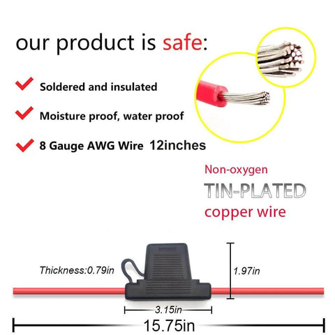 Heavy Duty Waterproof Inline Fuse Holder 8 AWG 15.8 Inch Long IP67 Dustproof Cover Two Pack with wire and dimensions shown.