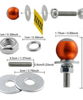 Exploded view of 8 Ball License Plate Screws and Fasteners Kit with dimensions, bright orange aluminum ball and stainless steel components.