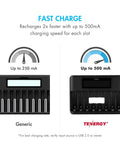 Comparison of generic charger and Tenergy 8 Bay LCD Fast Charger for NiMH NiCD AA AAA with 1000mAh pack highlighting charging speed