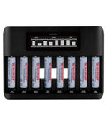 8 Bay LCD Fast Charger For NiMH NiCD AA And AAA Batteries With 1000mAh AAA Pack front view with 8 batteries inserted