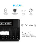 Front view of 8 Bay LCD Fast Charger for NiMH NiCD AA and AAA batteries showing features icons and eight charging slots.