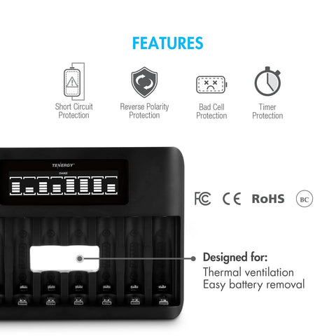 Front view of 8 Bay LCD Fast Charger for NiMH NiCD AA and AAA batteries showing features icons and eight charging slots.