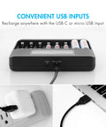 Front view of 8 Bay LCD Fast Charger for NiMH NiCD AA and AAA Batteries with 1000mAh AAA Pack, showing USB inputs and charging setup.