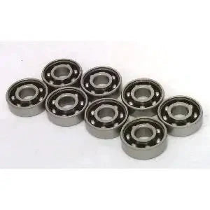 8 Skateboard Chrome Steel Open Ball bearing - Nylon Cage arranged in a row, showcasing their high-quality steel construction.