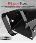 Close-up view of the 8-gauge steel construction of Beefy Heavy Duty Motorcycle Wheel Chock and Front Wheel Stand for Trailers