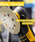 Close-up of a power sander with 5 Inch Hook And Loop Sanding Discs Set 50 Pcs For Wet Dry Polishing showing 8-hole design.