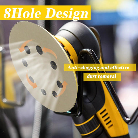 Close-up of a power sander with 5 Inch Hook And Loop Sanding Discs Set 50 Pcs For Wet Dry Polishing showing 8-hole design.