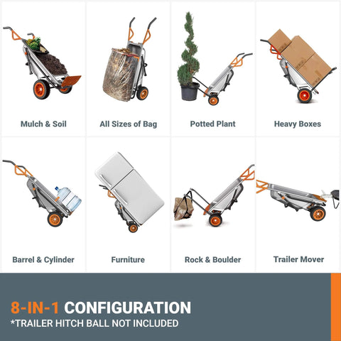 8 in 1 Heavy Duty Aerocart Garden Cart Wheelbarrow Dolly with Turbo Lift Design and Flat Free Tires, showing multi-use configurations