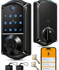 Experience effortless security with an 8-in-1 fingerprint smart lock featuring app control and a touchscreen keypad, front and back view.