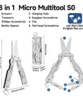 8 In 1 Mini Keychain Multitool With Serrated Scissors, File, Tweezers, Screwdrivers And Bottle Opener, lightweight EDC tool infographic