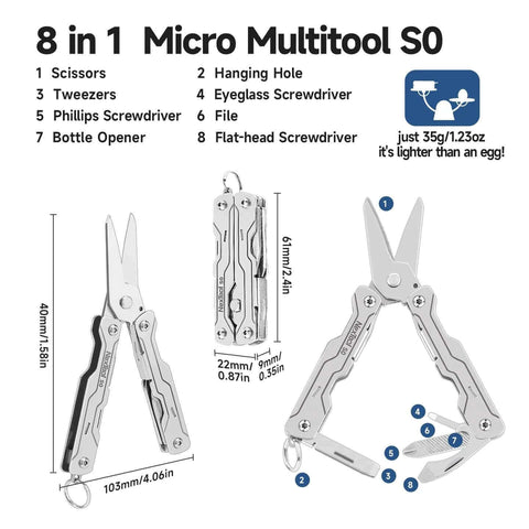 8 In 1 Mini Keychain Multitool With Serrated Scissors, File, Tweezers, Screwdrivers And Bottle Opener, lightweight EDC tool infographic