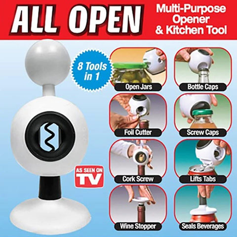 8-In-1 Multi-Function Kitchen Opener With Jar Opener, Bottle Opener, Can Opener And More, ergonomic non-slip handle, product functions.