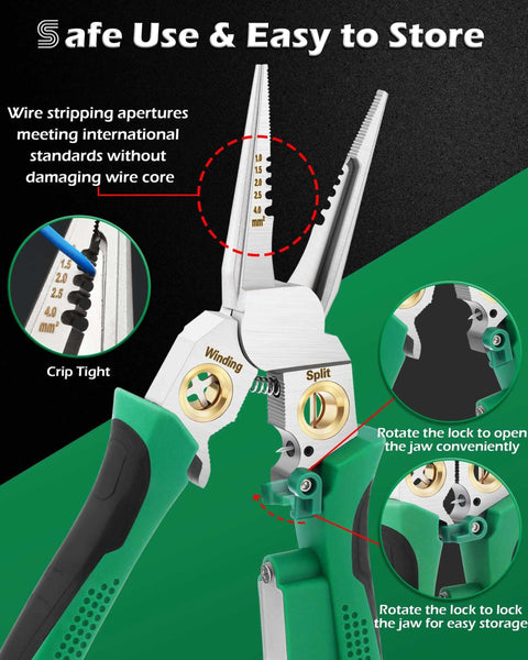 8 In 1 Wire Stripper With Voltage Tester For 10-18 AWG Wires, Pliers, Crimper, Cutters And Wire Splitting Tool, close-up of tool features