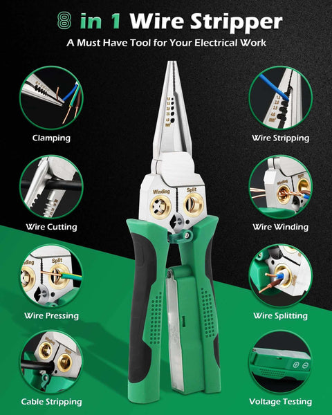 8 In 1 Wire Stripper With Voltage Tester For 10-18 AWG Wires, Pliers, Crimper, Cutters And Wire Splitting Tool, detailed features