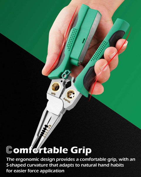 Hand holding 8 In 1 Wire Stripper With Voltage Tester For 10-18 AWG Wires, ergonomic grip focus