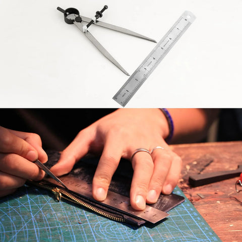 8 Inch Adjustable Leather Compass And 8 Inch Steel Ruler Drafting Set For Leather Work, including use on a zipper.