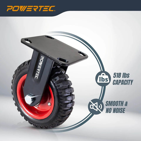 8 inch caster wheels set of 8 with heavy duty fixed plate design, all-terrain casters featuring knobby rubber tread, side view.