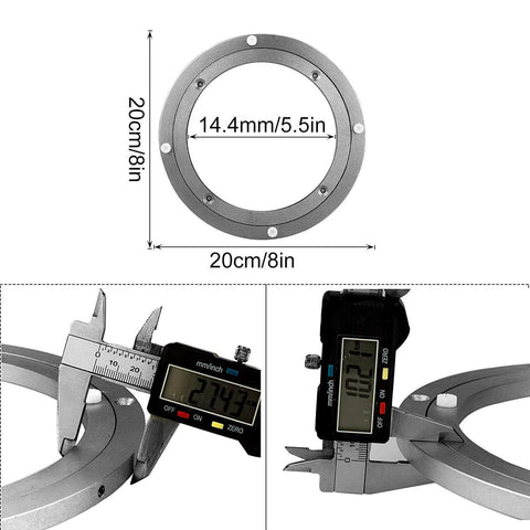 8 Inch Lazy Susan Hardware Heavy Duty Aluminum Turntable Bearing shown with measurements and calipers for accuracy