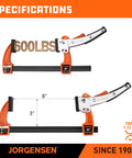 Jorgensen quick release bar clamps with 8 inch opening and 600 lb capacity for woodworking.