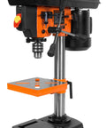 Cast Iron Benchtop Drill Press With 2.3 Amp Motor Eight Inch Swing Five Speed Settings, side view showing table and spindle.