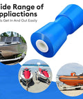 8" Heavy Duty Marine Keel Roller Blue Bow Roller Bow Stop for Boat Trailers with images of boats in various settings.
