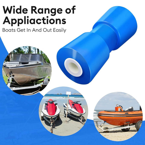 8" Heavy Duty Marine Keel Roller Blue Bow Roller Bow Stop for Boat Trailers with images of boats in various settings.