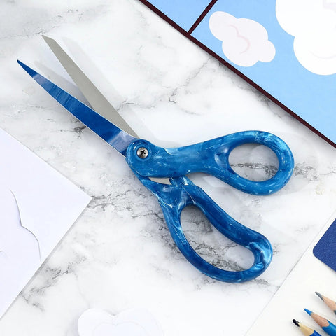 All Purpose 8 Inch Heavy Duty Scissors For Office Crafting And DIY Projects Cutting Paper Fabric Stainless Steel With Ergonomic Comfort Grip Gradient Blue on marble surface
