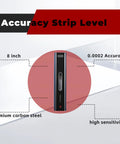 8 Inch Professional Level With Box And Case Ultra Precise 0.0002 Inch Per 10 Inch Accuracy Strip Level For Machinists And Toolmakers Carbon Steel Construction With Large Bubble Durable Packaging Ideal For Precision Machining And Metalworking front view showcasing accuracy and material