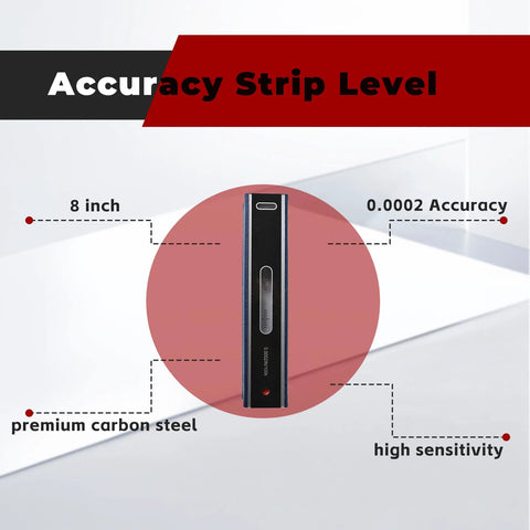 8 Inch Professional Level With Box And Case Ultra Precise 0.0002 Inch Per 10 Inch Accuracy Strip Level For Machinists And Toolmakers Carbon Steel Construction With Large Bubble Durable Packaging Ideal For Precision Machining And Metalworking front view showcasing accuracy and material