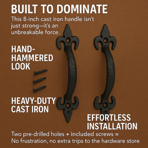 8 Inch Hammered Cast Iron Door Handle Heavy Duty Barn Door Pull For Gates Sheds And Cabinets With Rustic Black Grip Durable Forged Finish For Indoor And Outdoor Use Screws Included