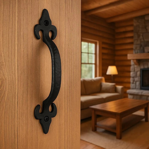 8 Inch Hammered Cast Iron Door Handle Heavy Duty Barn Door Pull For Gates, Sheds, Cabinets with Rustic Black Grip Installed
