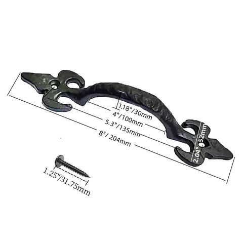 8 Inch Hammered Cast Iron Door Handle Heavy Duty Barn Door Pull For Gates Sheds And Cabinets With Rustic Black Grip, dimensions shown