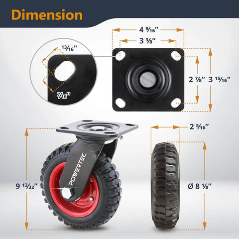 Dimensions of 8 Inch Heavy Duty Caster Wheels Set of 8, Swivel Plate Castors with Knobby Rubber Tread for workbenches, carts, wagons