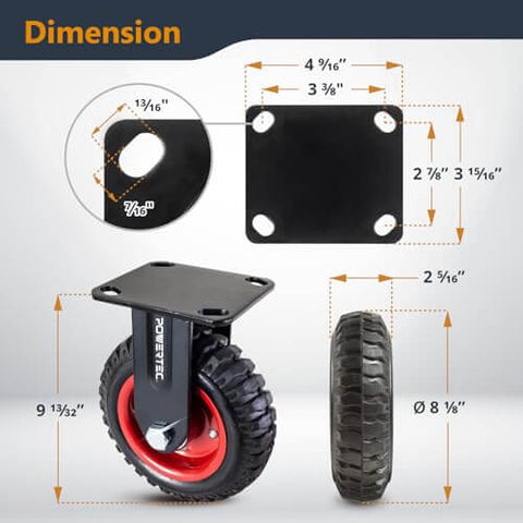 Dimensions of 8 inch caster wheels set of 2 with heavy duty all-terrain design, knobby rubber tread casters.