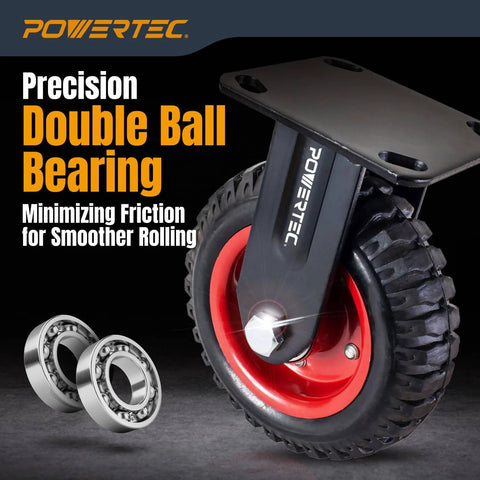 8 inch caster wheels set of 8 with heavy duty fixed plate design, all-terrain casters featuring knobby rubber tread close-up showing precision ball bearing.