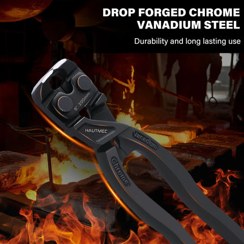 High Leverage 8 Inch Nail Puller Pliers Tool With Anti Slip Grip For Nail Removal In Tight Spaces CRV Steel End Cutting Pliers displayed with furnace backdrop