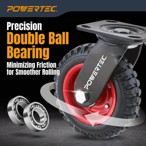 8 inch caster wheels set of 2 with heavy duty all-terrain design, knobby rubber tread casters including 1 swivel and 1 fixed wheel close-up view.