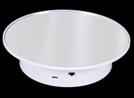 8" Electric Turntable Motorized Rotating Display Stand - White on a black background showcasing its sleek design.