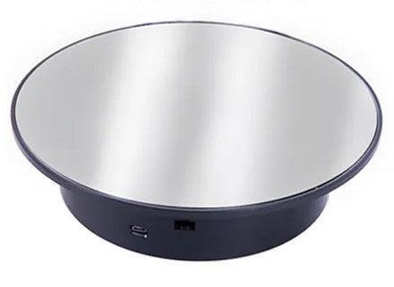 8" Electric Turntable Motorized - Rotating Display Stand - Black, showcasing a sleek mirrored surface and black base.