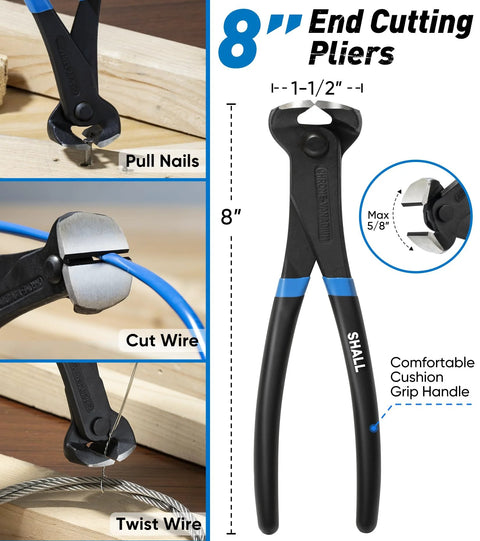 8 inch end cutting pliers with cushion grip handle used for pulling nails, cutting, and twisting wire; part of a 4-piece pry bar set.