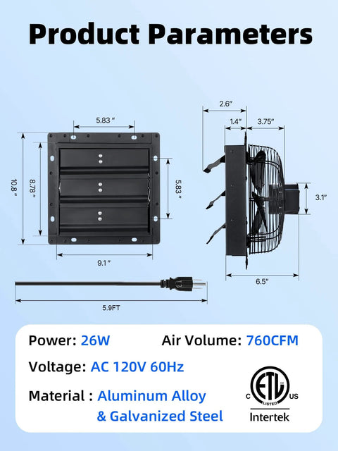 Side and front view of 8 Inch Shutter Exhaust Fan With 760 CFM High Speed Wall Mounted Ventilation for various spaces