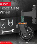 8 inch heavy duty fence gate wheel with spring loaded caster, dimensions showing 360 degree rotating gate wheel with hardware.